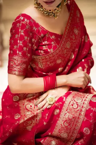 Bridal red zari woven silk saree rich banarasi style traditional wedding wear with blouse