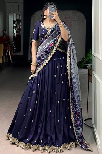 Rich Navy Blue Thread Embroidered Silk Festive Wear Half Saree Lehenga