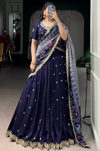 Rich Navy Blue Thread Embroidered Silk Festive Wear Half Saree Lehenga