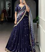 Rich Navy Blue Thread Embroidered Silk Festive Wear Half Saree Lehenga