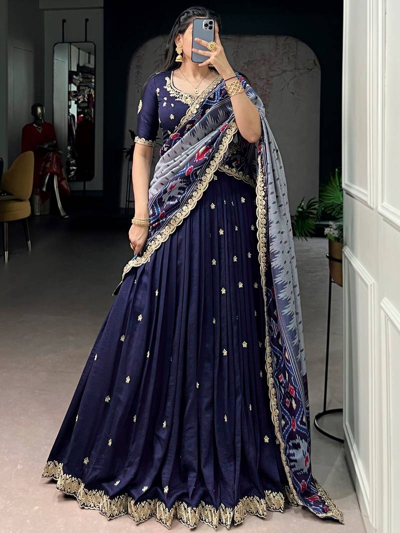 Rich Navy Blue Thread Embroidered Silk Festive Wear Half Saree Lehenga