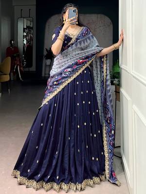 rich navy blue thread embroidered silk festive wear half saree 2