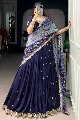 rich navy blue thread embroidered silk festive wear half saree