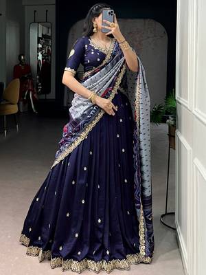 rich navy blue thread embroidered silk festive wear half saree 3