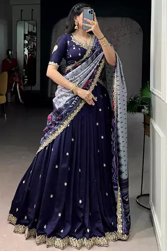 rich navy blue thread embroidered silk festive wear half saree