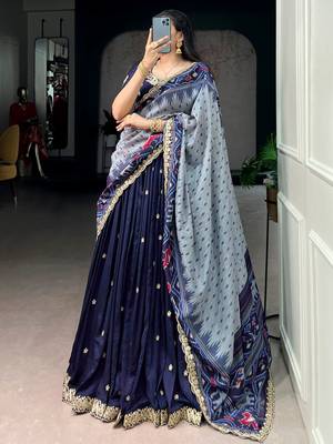 rich navy blue thread embroidered silk festive wear half saree 4