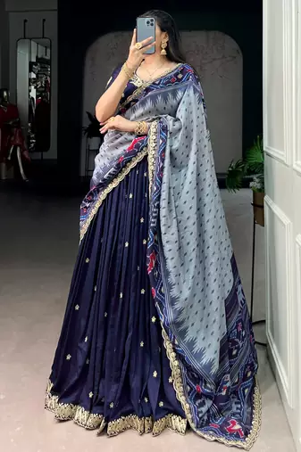 rich navy blue thread embroidered silk festive wear half saree