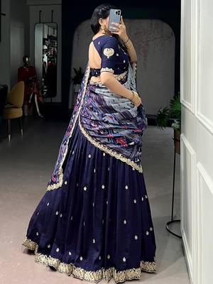 rich navy blue thread embroidered silk festive wear half saree 5