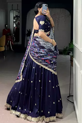 rich navy blue thread embroidered silk festive wear half saree