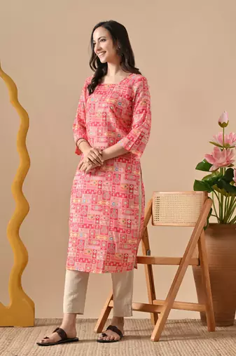 Ftdiva women stylish paisley printed straight kurta in pink