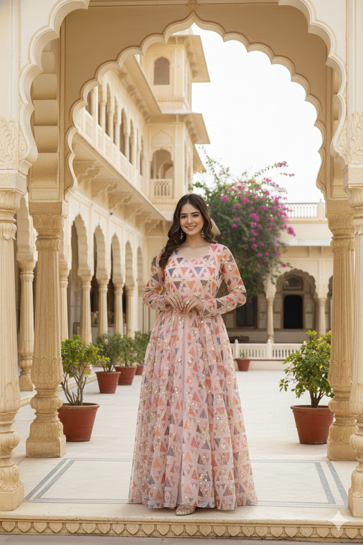 Ftdiva women's embroidepink anarkali pink printed kurti in rayon