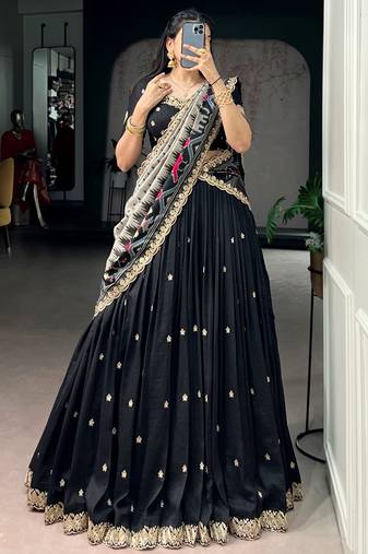 Captivating Black Sequins Work Silk Designer Half Saree Lehenga