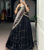 Captivating Black Sequins Work Silk Designer Half Saree Lehenga