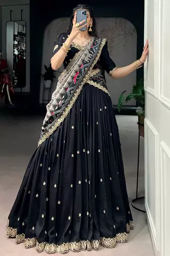 Captivating Black Sequins Work Silk Designer Half Saree Lehenga