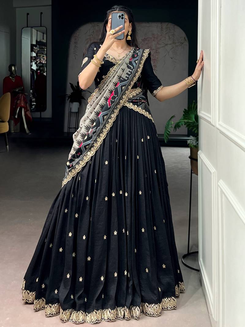 Captivating Black Sequins Work Silk Designer Half Saree Lehenga