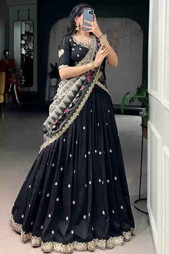 Captivating Black Sequins Work Silk Designer Half Saree Lehenga