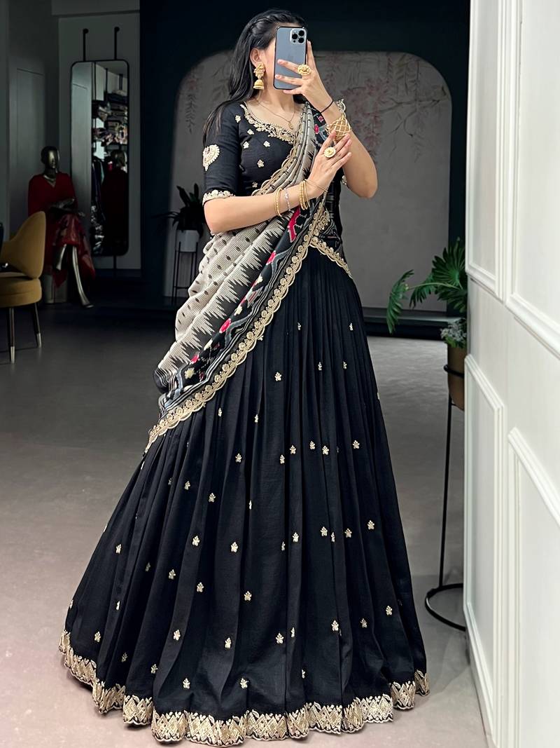 Captivating Black Sequins Work Silk Designer Half Saree Lehenga