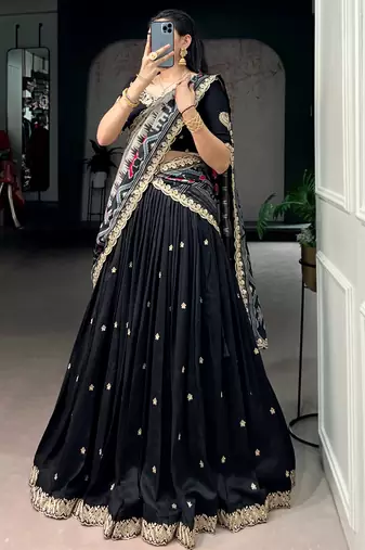 Captivating Black Sequins Work Silk Designer Half Saree Lehenga