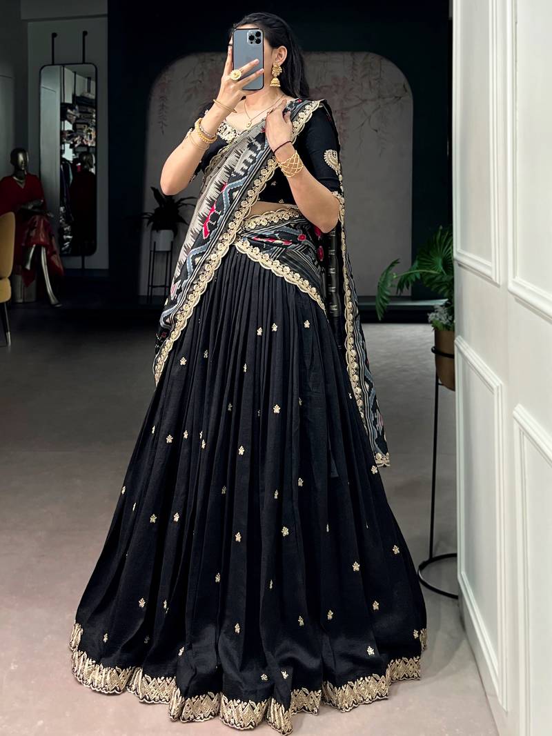 Captivating Black Sequins Work Silk Designer Half Saree Lehenga