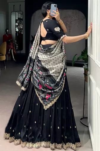Captivating Black Sequins Work Silk Designer Half Saree Lehenga