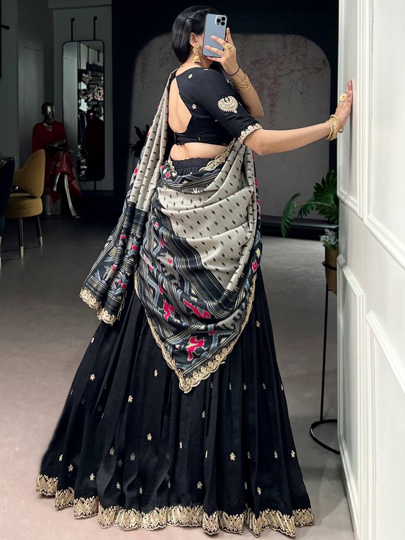 Captivating Black Sequins Work Silk Designer Half Saree Lehenga
