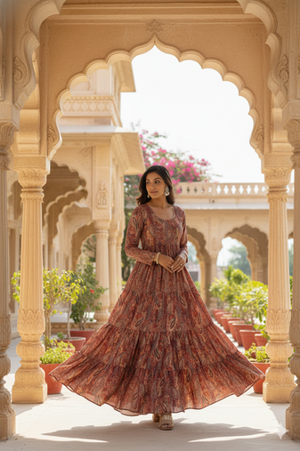 Ftdiva women's embroidebrown anarkali brown printed kurti in rayon