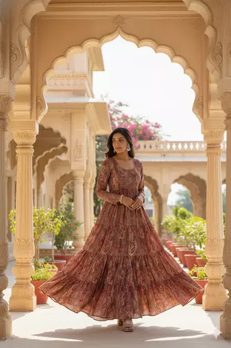 Ftdiva women's embroidebrown anarkali brown printed kurti in rayon