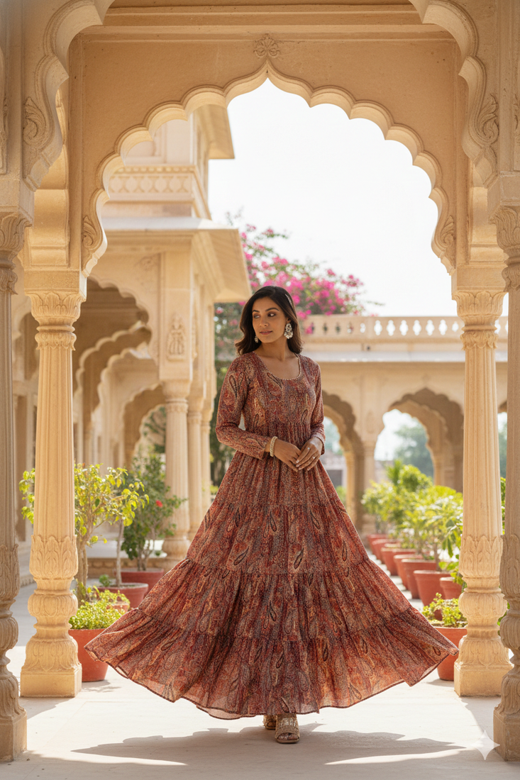 Ftdiva women's embroidebrown anarkali brown printed kurti in rayon