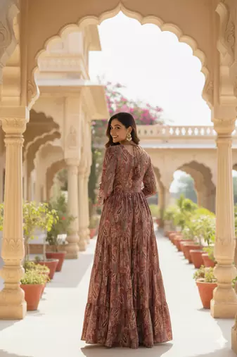 Ftdiva women's embroidebrown anarkali brown printed kurti in rayon