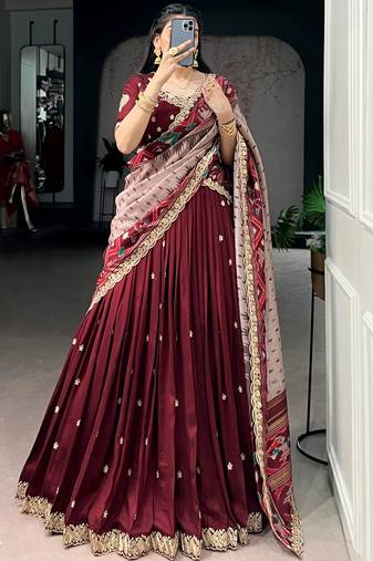 Lovable Maroon Embroidered Silk Wedding Wear Half Saree Lehenga