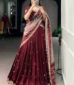 Lovable Maroon Embroidered Silk Wedding Wear Half Saree Lehenga