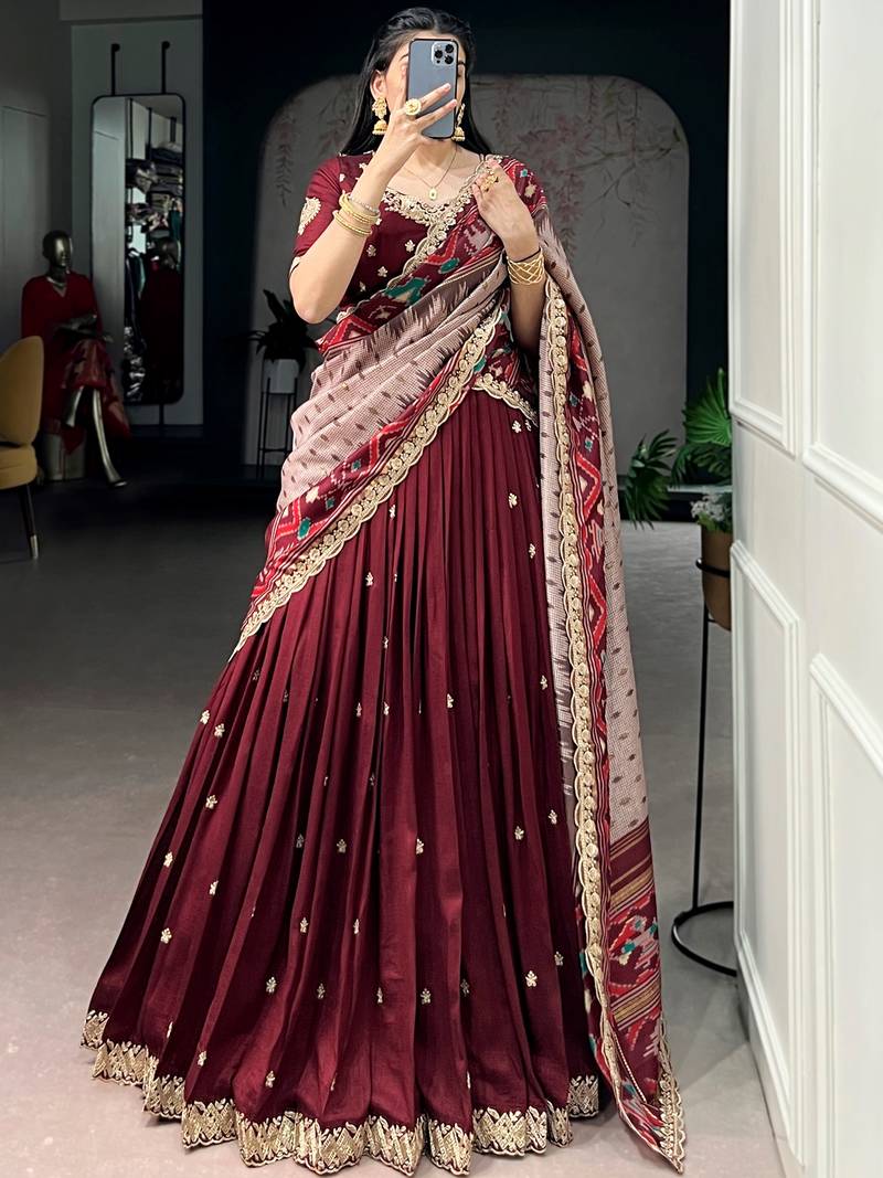 Lovable Maroon Embroidered Silk Wedding Wear Half Saree Lehenga