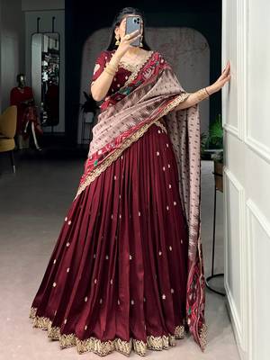 Lovable Maroon Embroidered Silk Wedding Wear Half Saree Lehenga 2