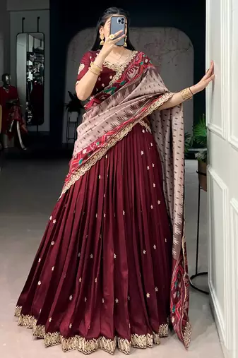 Lovable Maroon Embroidered Silk Wedding Wear Half Saree Lehenga