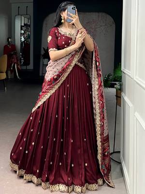Lovable Maroon Embroidered Silk Wedding Wear Half Saree Lehenga 3