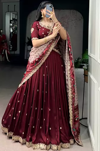 Lovable Maroon Embroidered Silk Wedding Wear Half Saree Lehenga