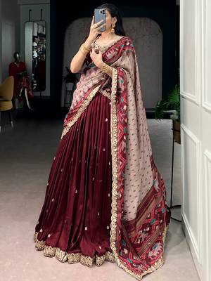 Lovable Maroon Embroidered Silk Wedding Wear Half Saree Lehenga 4