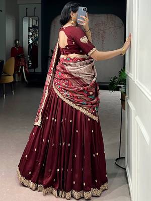 Lovable Maroon Embroidered Silk Wedding Wear Half Saree Lehenga 5