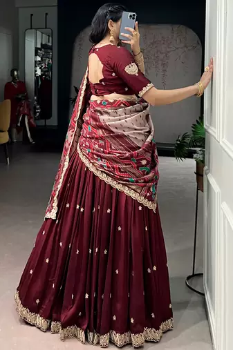 Lovable Maroon Embroidered Silk Wedding Wear Half Saree Lehenga