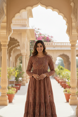 Ftdiva women's embroidebrown anarkali brown printed kurti in rayon 4
