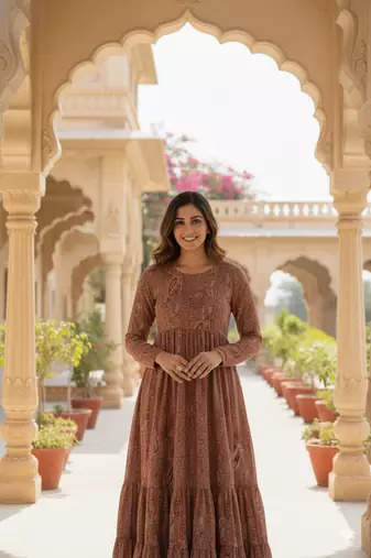 Ftdiva women's embroidebrown anarkali brown printed kurti in rayon