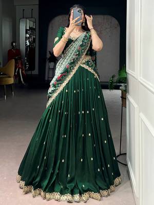 Precious Green Thread Work Silk Mehendi Wear Half Saree Lehenga 1