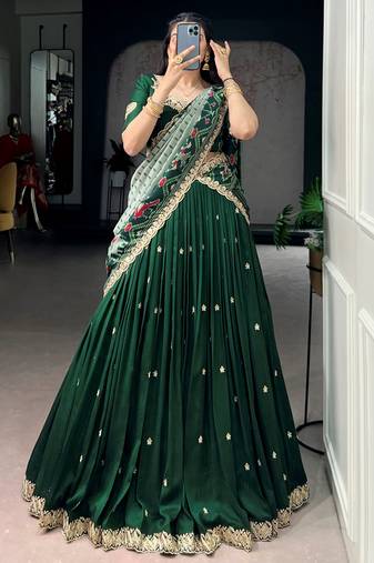 Precious Green Thread Work Silk Mehendi Wear Half Saree Lehenga