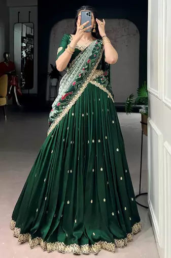 Precious Green Thread Work Silk Mehendi Wear Half Saree Lehenga