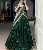 Precious Green Thread Work Silk Mehendi Wear Half Saree Lehenga
