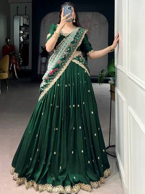 Precious Green Thread Work Silk Mehendi Wear Half Saree Lehenga 2