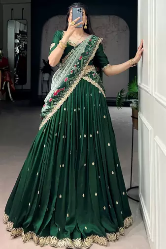 Precious Green Thread Work Silk Mehendi Wear Half Saree Lehenga