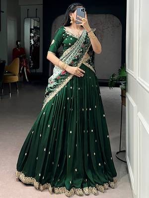 Precious Green Thread Work Silk Mehendi Wear Half Saree Lehenga 3