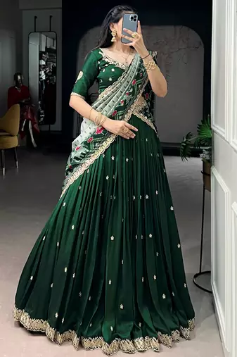 Precious Green Thread Work Silk Mehendi Wear Half Saree Lehenga