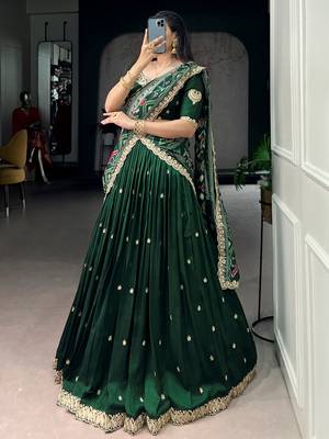 Precious Green Thread Work Silk Mehendi Wear Half Saree Lehenga 4